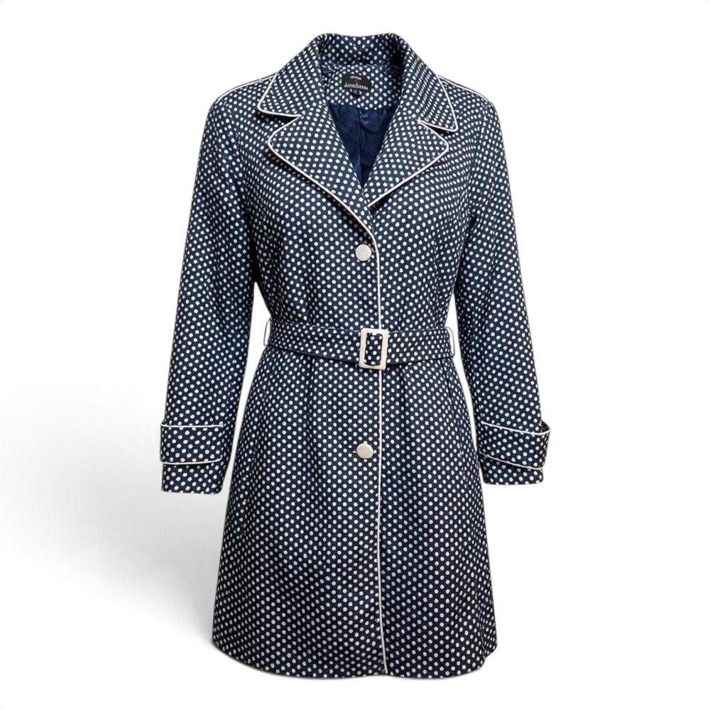 Dennis Basso Polka Dot Raincoat Belted Trench Navy White Plus Size 3X NWOT